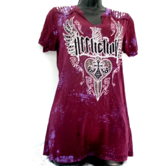 Affliction Women's T-Shirt Purple/Black/Silver, Beaded, Size Large, Defect - Picture 3 of 12